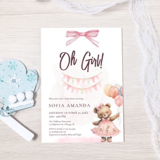 Invitation Aquarelle Cute rose Teddy Bear Baby shower