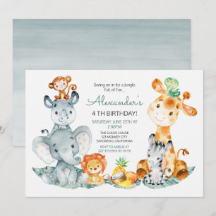 Invitation Aquarelle Cute Safari Jungle Animaux Anniversaire