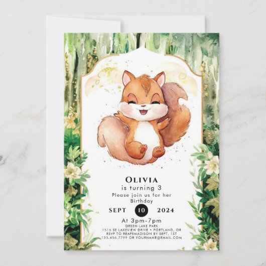 Invitation Aquarelle Cute Squirrel Anniversaire (Devant)