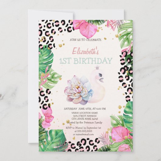 Invitation Aquarelle Cute Swan Fleurs tropicales Anniversaire (Devant)