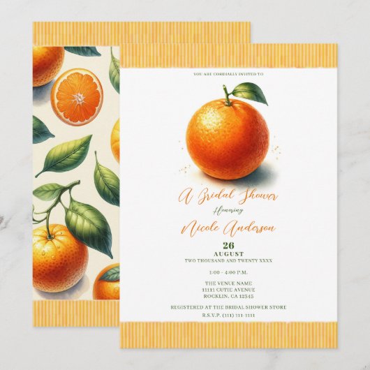 Invitation Aquarelle Cutie Fête des mariées orange (Devant / Derrière)