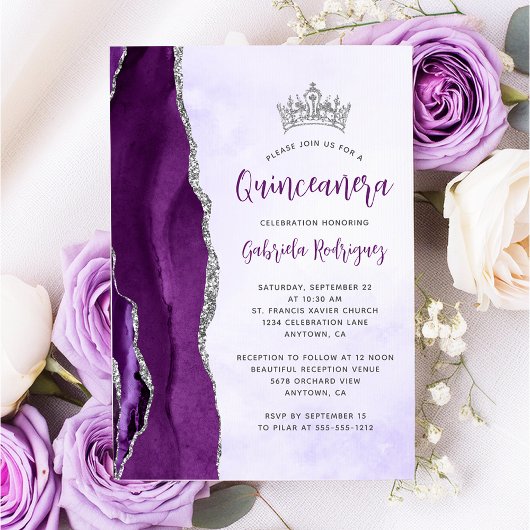 Invitation Aquarelle d'agate d'argent violet Quinceañera