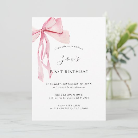 Invitation Aquarelle Dainty Bow rose Premier anniversaire (Debout devant)