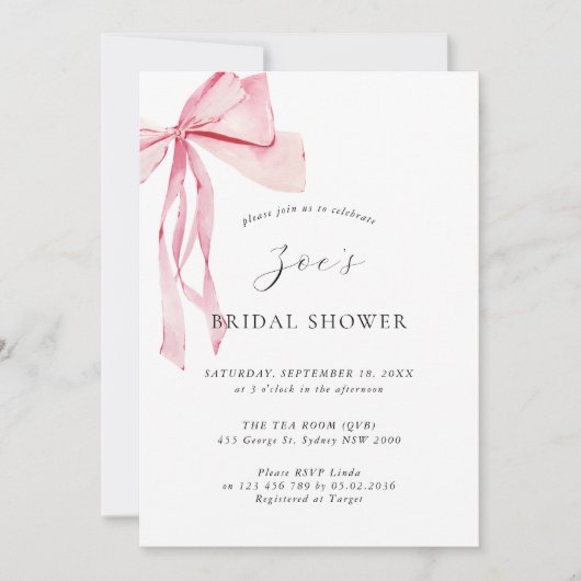 Invitation Aquarelle Dainty Fête des mariées Bow rose (Devant)