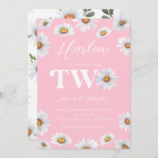 Invitation Aquarelle Daisy Deux Filles 2e anniversaire (Devant / Derrière)