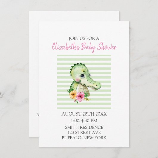 Invitation Aquarelle d'Alligator mignonne Hibiscus Baby showe (Devant / Derrière)