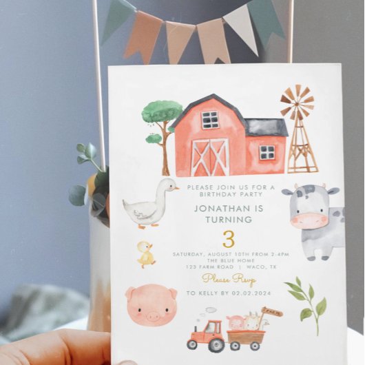 Invitation Aquarelle d'animal de ferme mignonne Anniversaire