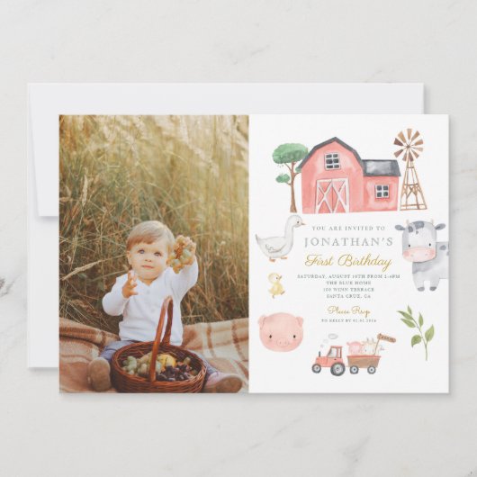 Invitation Aquarelle d'animal de ferme mignonne Anniversaire (Devant)