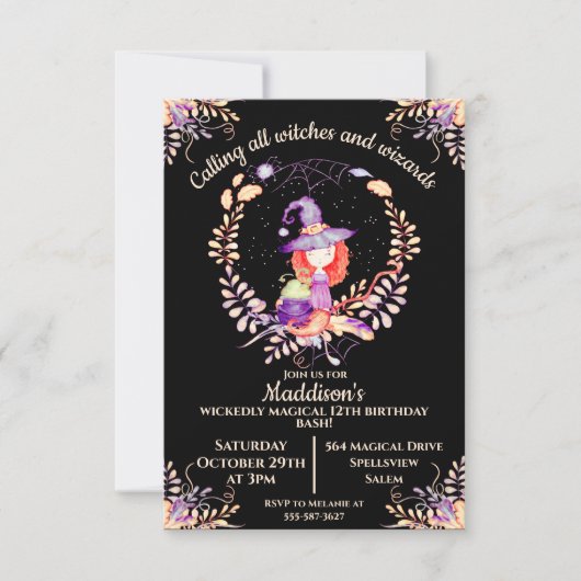 Invitation Aquarelle d'anniversaire de la sorcière (Devant)