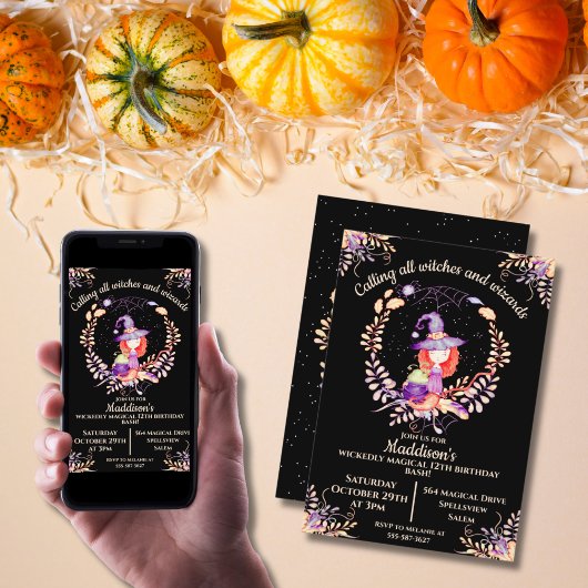 Invitation Aquarelle d'anniversaire de la sorcière