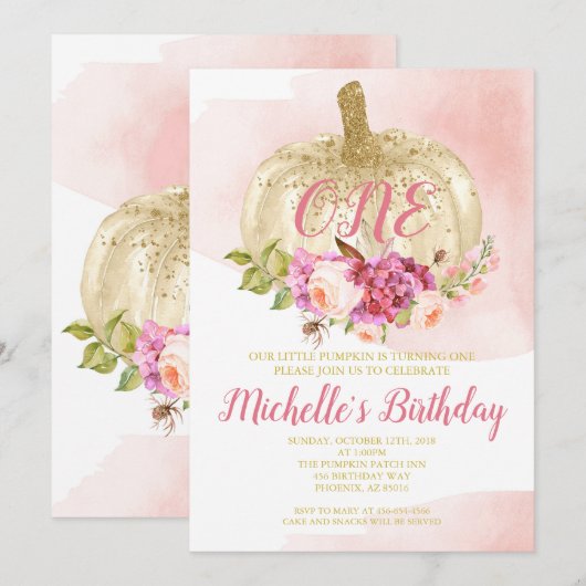 Invitation Aquarelle d'anniversaire d'or de rose de fille de (Devant / Derrière)