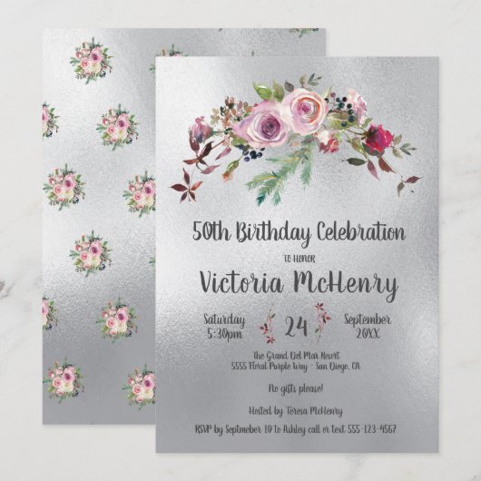 Invitation Aquarelle d'argent Floral Frosty Rose Anniversaire (Devant / Derrière)