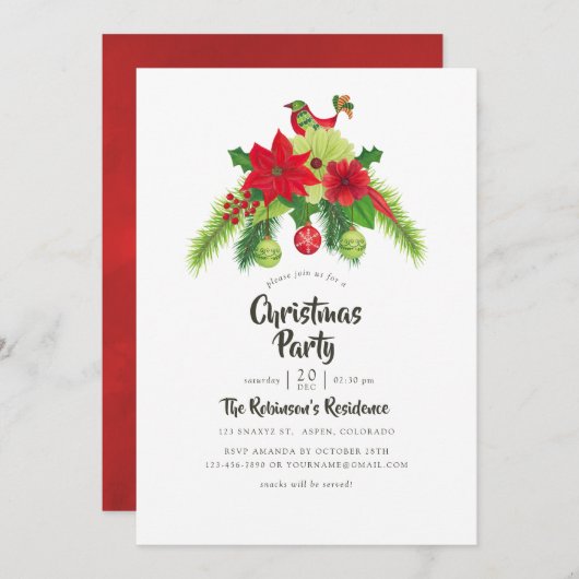 Invitation Aquarelle d'art populaire Fête de Noël florale (Devant / Derrière)