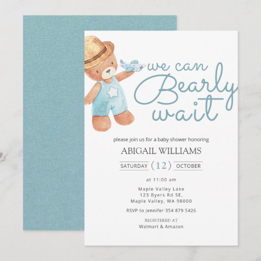 Invitation Aquarelle d'attente précoce Baby shower de l'ours (Devant / Derrière)