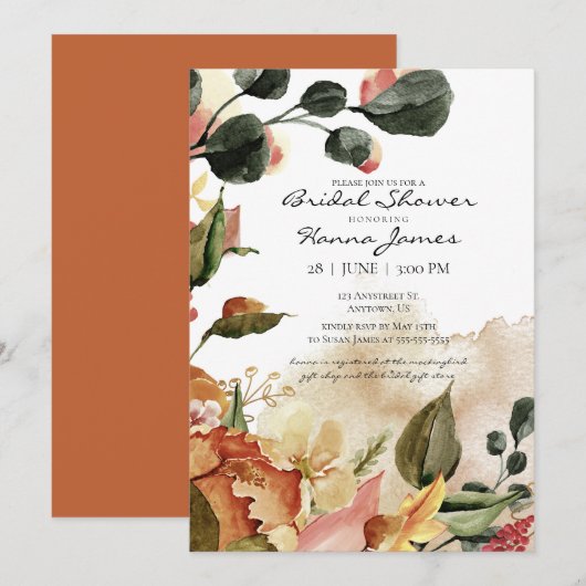 Invitation Aquarelle d'automne Fête des mariées florale (Devant / Derrière)
