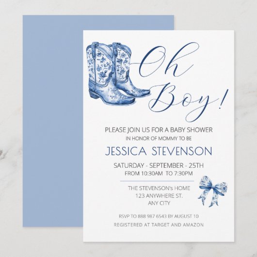 Invitation Aquarelle de Baby shower de la Bow bleue (Devant / Derrière)