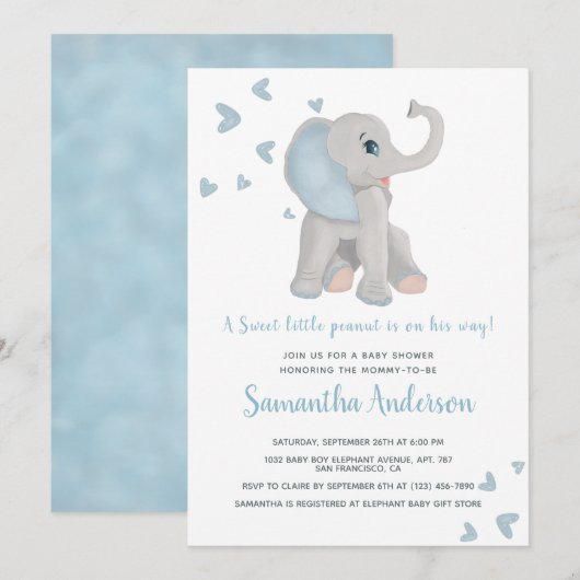 Invitation Aquarelle de Baby shower Eléphant Bleu Cute (Devant / Derrière)