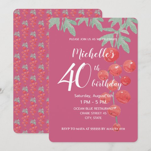 Invitation Aquarelle de baies de Currant Rouge peinte à la ma (Devant / Derrière)