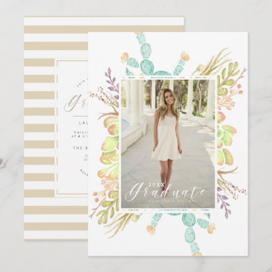 Invitation Aquarelle de bouquet Succulente | Graduation Party (Devant / Derrière)
