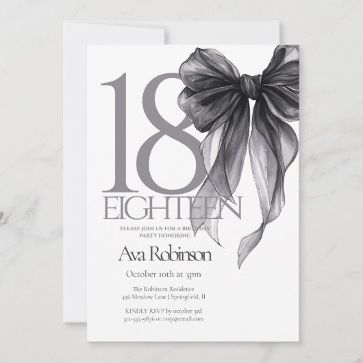 Invitation Aquarelle de Bow noir 18e anniversaire (Devant)