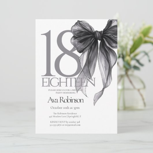 Invitation Aquarelle de Bow noir 18e anniversaire (Debout devant)