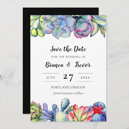 Invitation Aquarelle de cactus Succulente Enregistrer la date (Devant / Derrière)