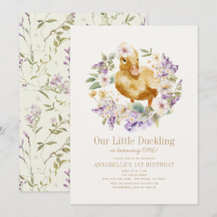 Invitation Aquarelle de canard Floral Girl 1er anniversaire