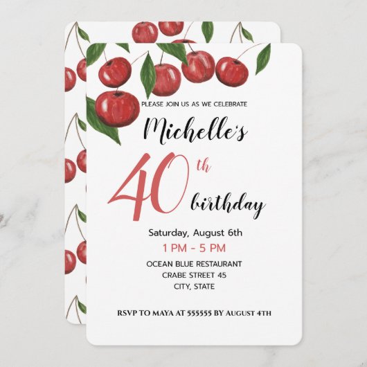 Invitation Aquarelle de cerises douces peinte à la main (Devant / Derrière)