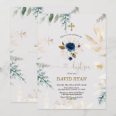 Invitation Aquarelle de charme Bleu Floral Or Baptême (Devant / Derrière)