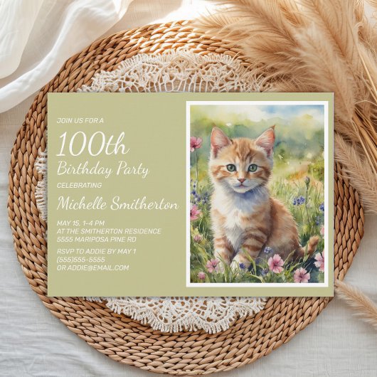 Invitation Aquarelle de chatte jaune orange 100e anniversaire
