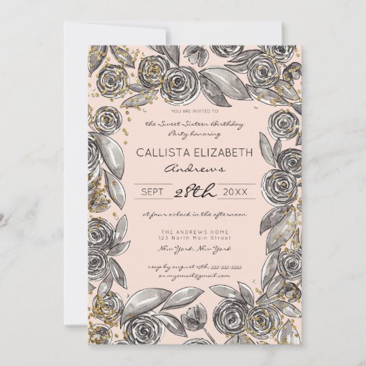 Invitation Aquarelle de Confetti Floral d'or noir Sweet 16 (Devant)
