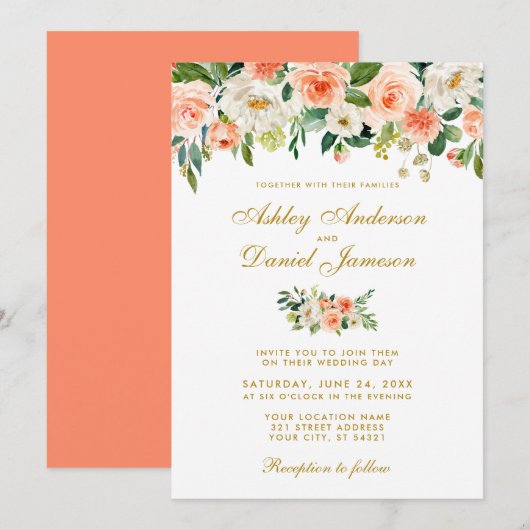 Invitation Aquarelle de corail Floral Gold Mariage CB (Devant / Derrière)