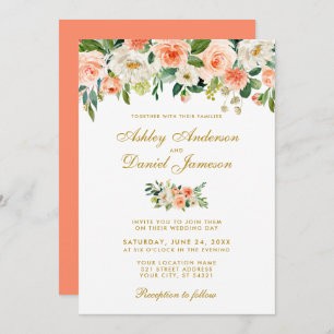 Invitation Aquarelle de corail Floral Gold Mariage CB