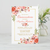 Invitation Aquarelle de corail Floral Quinceanera Gold Frame (Debout devant)