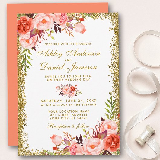 Invitation Aquarelle de corail Mariage Floral Parties scintil