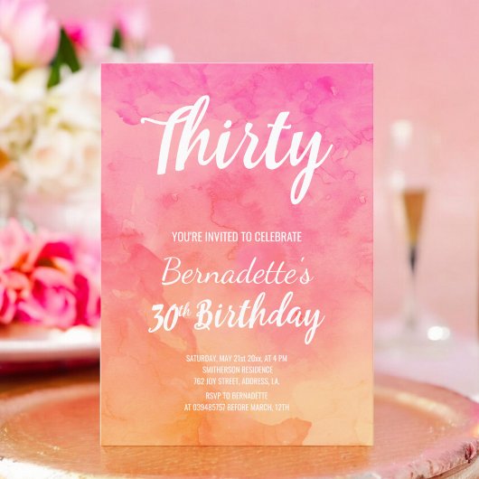 Invitation Aquarelle de corail rose moderne ombre 30e anniver