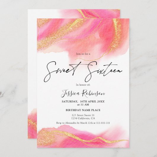 Invitation Aquarelle de corail rose or parties scintillant ph (Devant / Derrière)