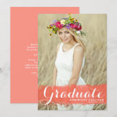 Invitation Aquarelle de corail Splash Photo Graduation (Devant / Derrière)
