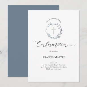 Invitation aquarelle de couronne bleu poussiéreux Confirmatio