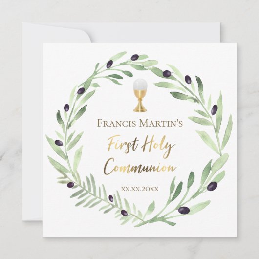 Invitation aquarelle de couronne d'olivier Première communion (Devant)