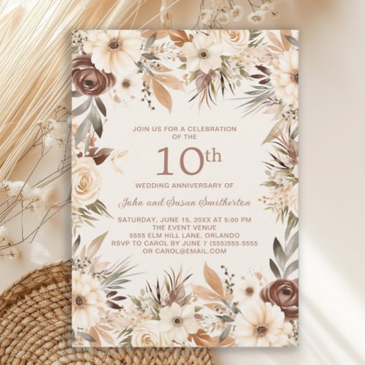 Invitation Aquarelle de crème Brown 10e anniversaire Floral