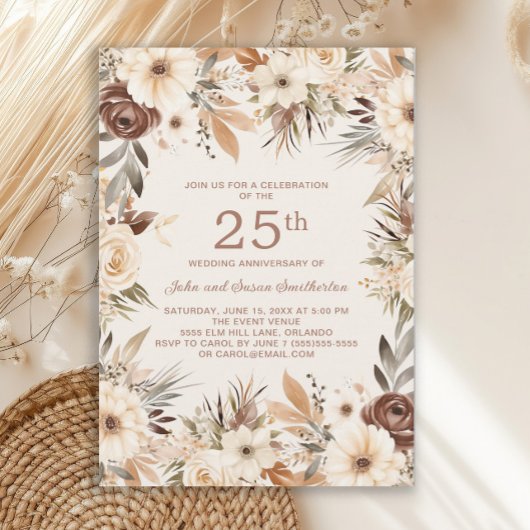 Invitation Aquarelle de crème Brown Floral 25e anniversaire