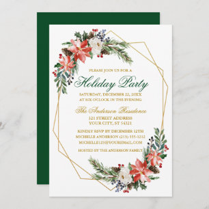 Invitation Aquarelle de fête de vacances Poinsettia Gold Gree
