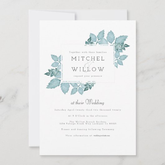 Invitation Aquarelle de feuillage bleu | Invite de mariage (Devant)