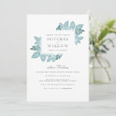 Invitation Aquarelle de feuillage bleu | Invite de mariage (Debout devant)