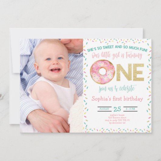 Invitation Aquarelle de fille de Donut rose 1er anniversaire  (Devant)