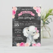 Invitation Aquarelle de fille Eléphant Floral rose Roses Bois (Debout devant)