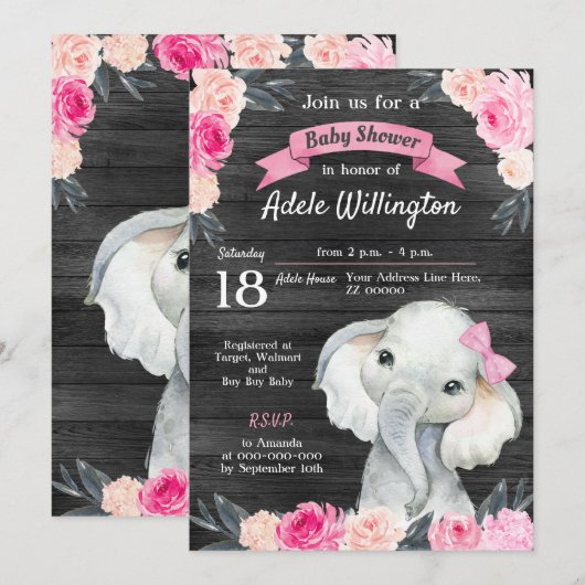 Invitation Aquarelle de fille Eléphant Floral rose Roses Bois (Devant / Derrière)