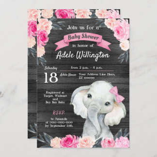 Invitation Aquarelle de fille Eléphant Floral rose Roses Bois