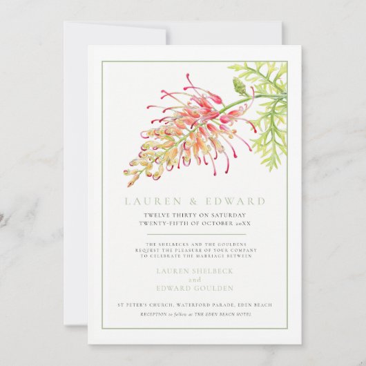 Invitation Aquarelle de fleur de Grevillea mariage vert blanc (Devant)